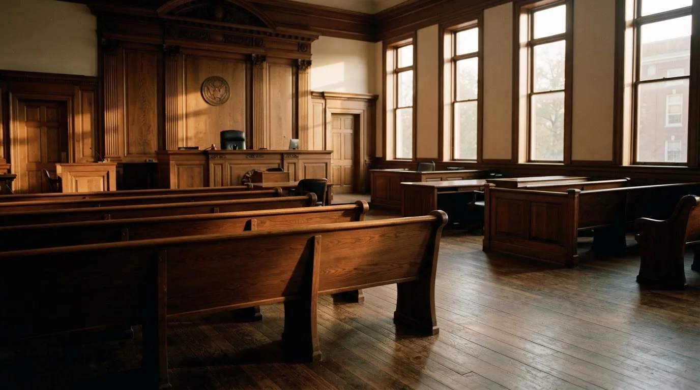 Een lege rechtszaal met houten banken in het ochtendlicht