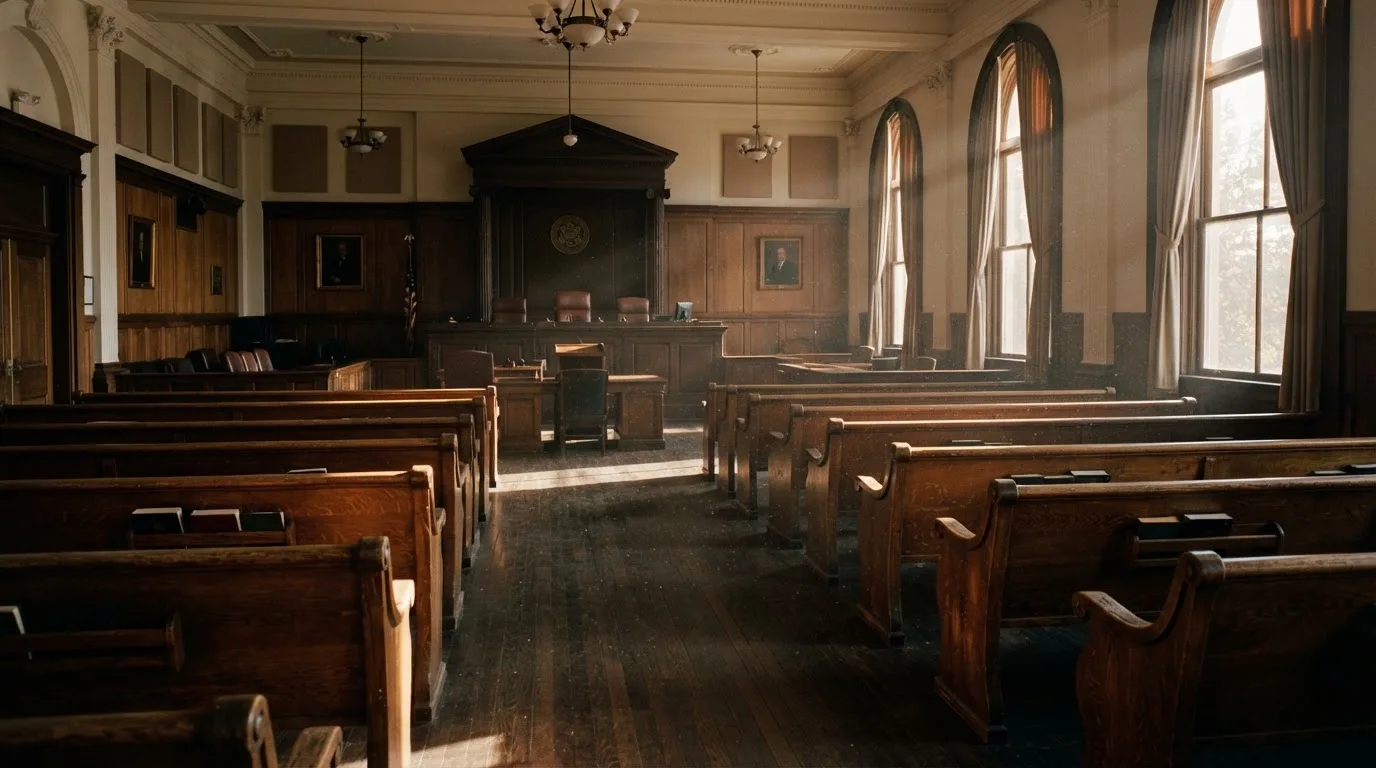 Een lege rechtszaal met houten banken in het ochtendlicht