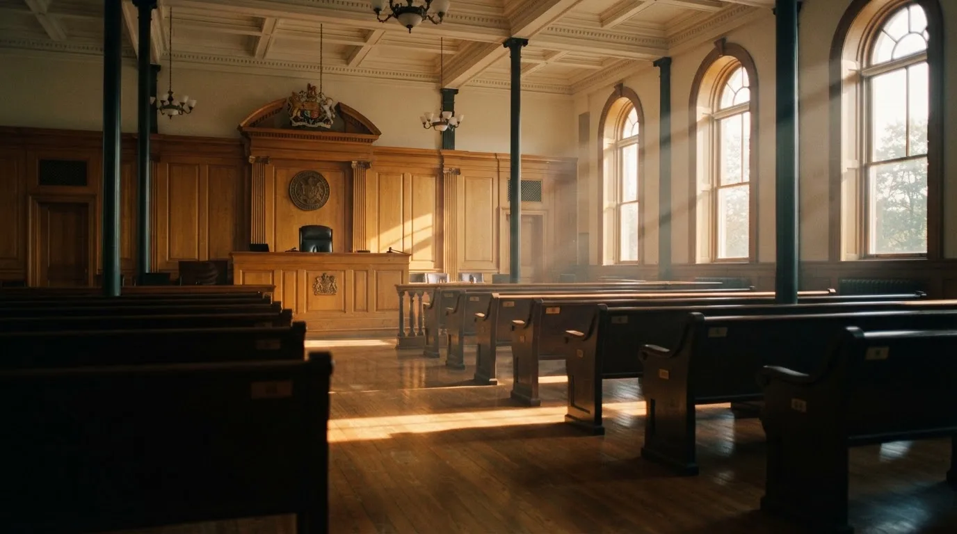 Een lege rechtszaal met houten banken in het ochtendlicht