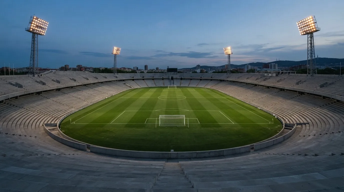 Een leeg voetbalstadion met lichtmasten bij schemering