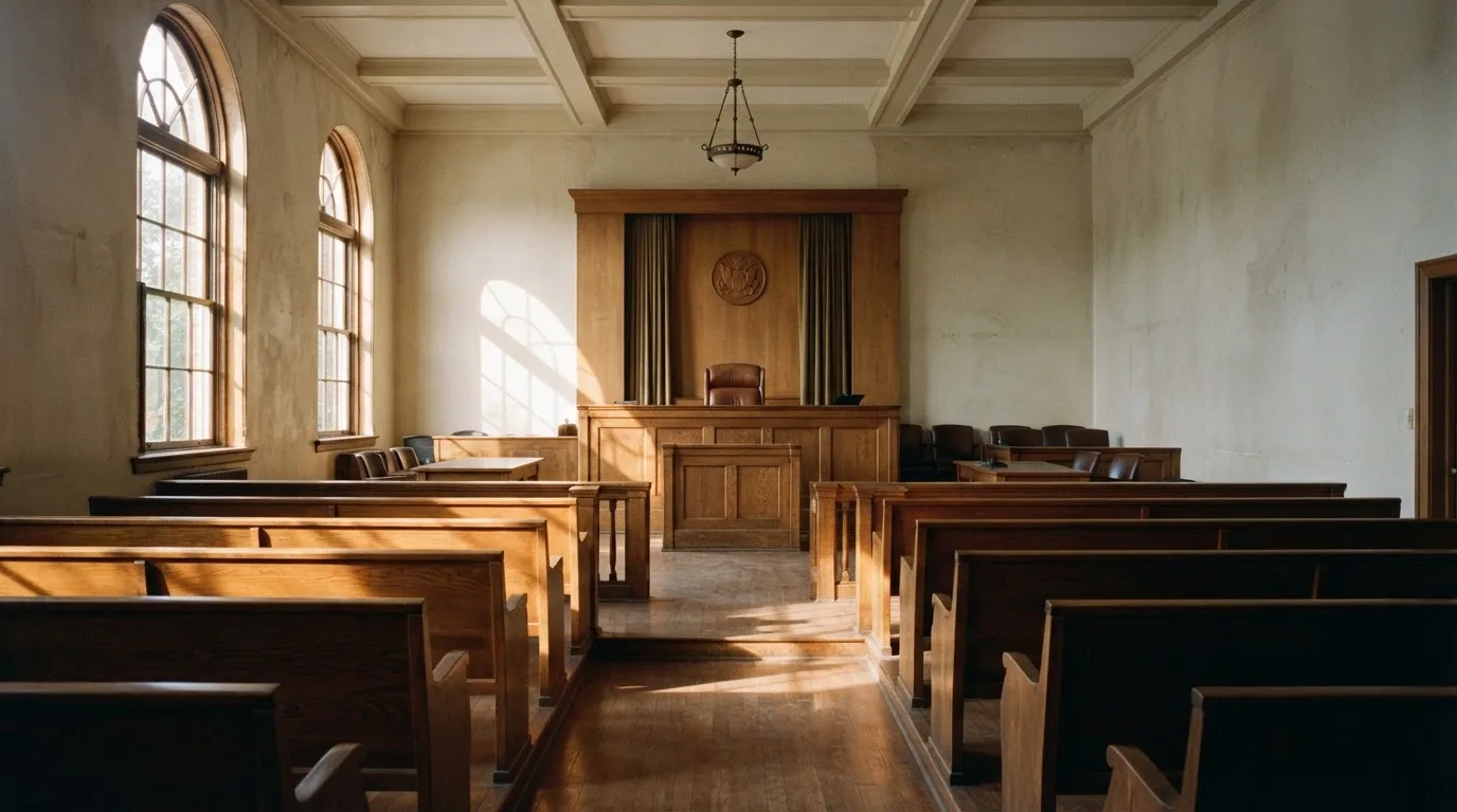 Een lege rechtszaal met houten banken in het ochtendlicht