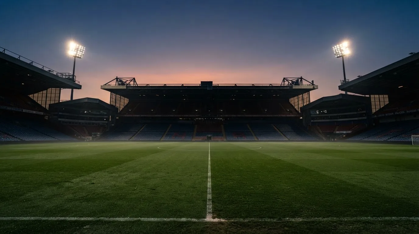 Een leeg voetbalstadion met lichtmasten bij schemering