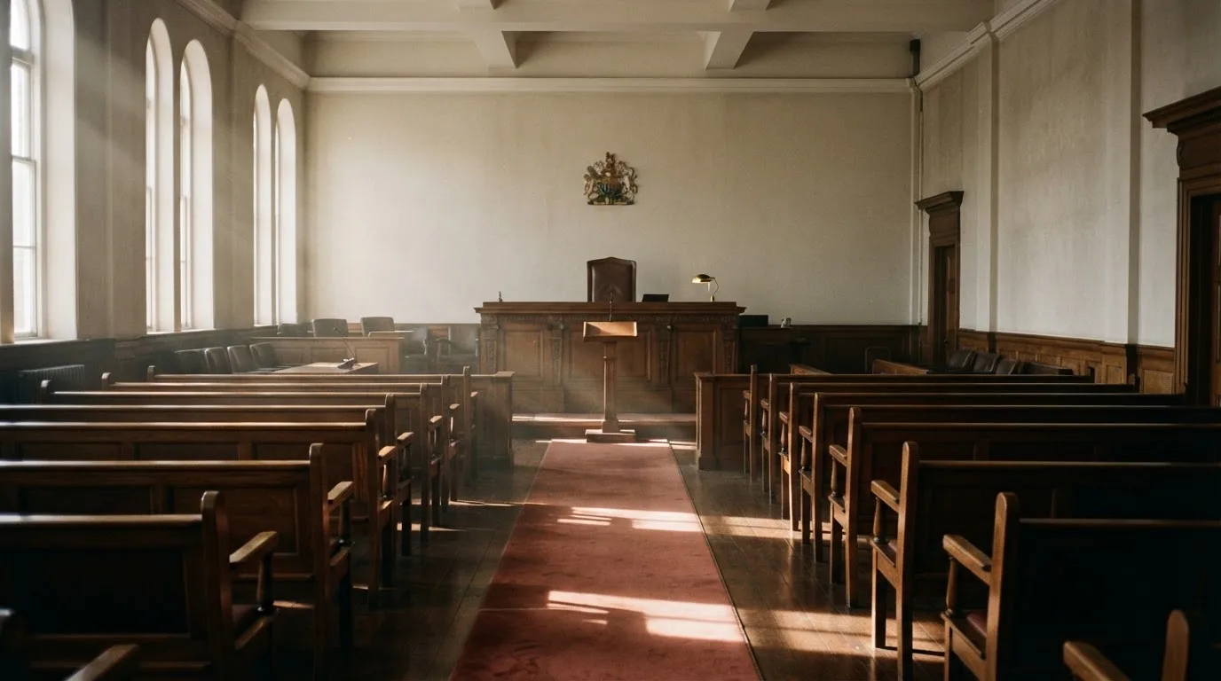 Een lege rechtszaal met houten banken in het ochtendlicht
