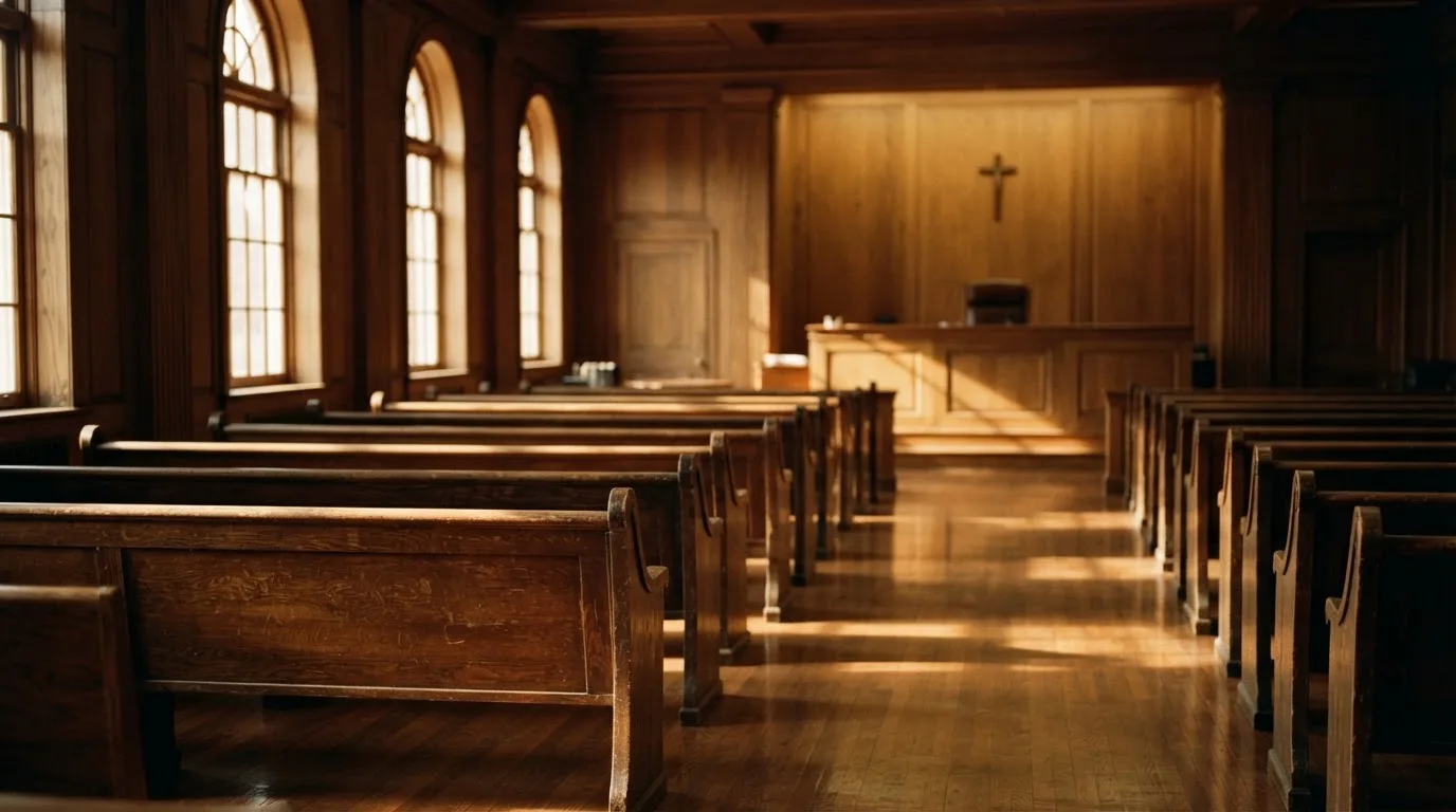 Een lege rechtszaal met houten banken in het ochtendlicht