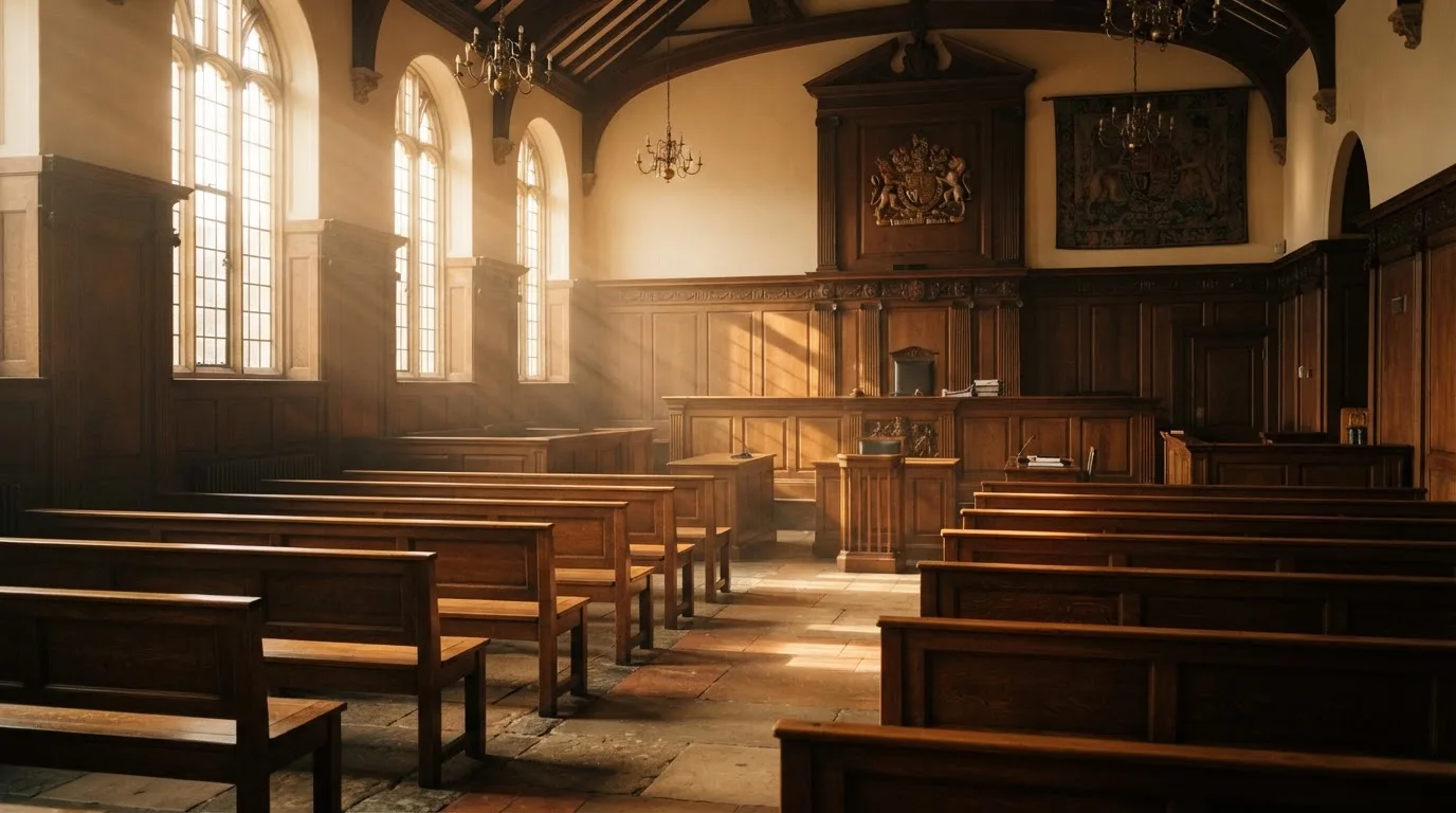 Een lege rechtszaal met houten banken in het ochtendlicht