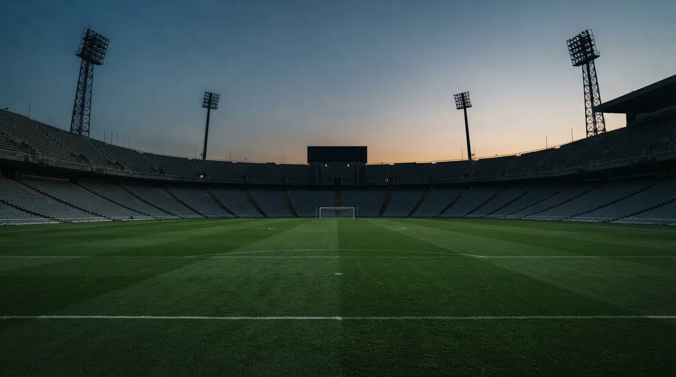 Een leeg voetbalstadion met lichtmasten bij schemering