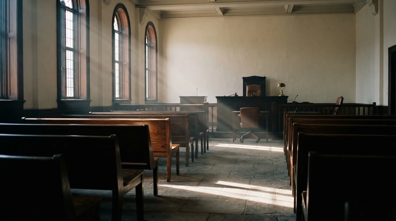 Een lege rechtszaal met houten banken in het ochtendlicht