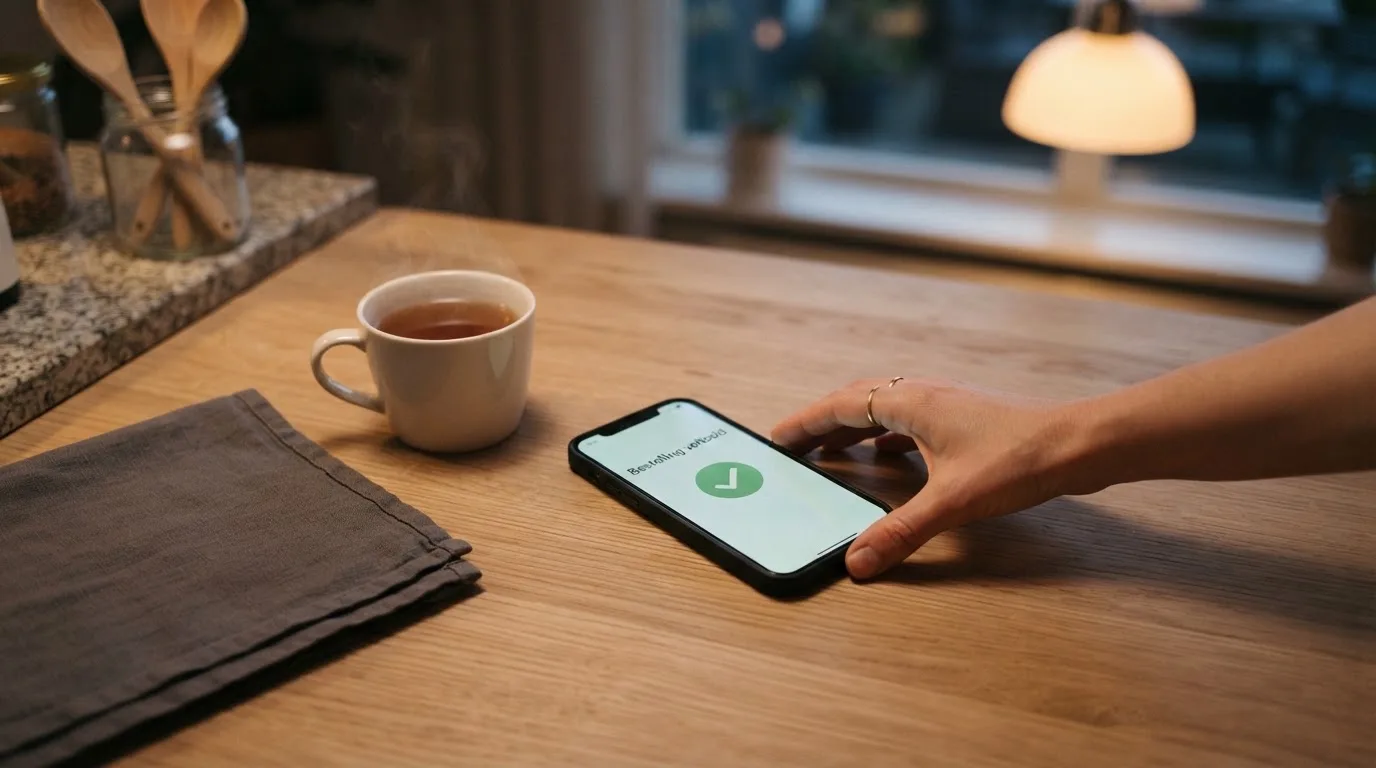 Een hand legt een smartphone naast een kopje thee op een keukentafel, een rustige avond