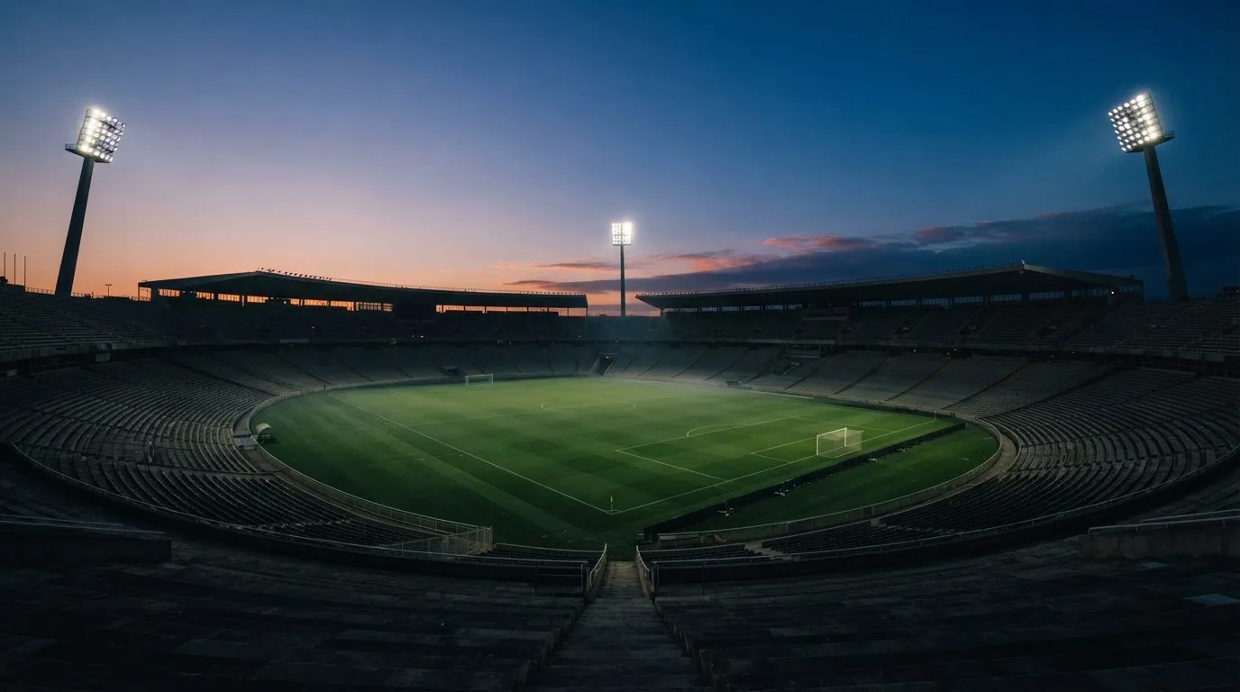 Een leeg voetbalstadion met lichtmasten bij schemering