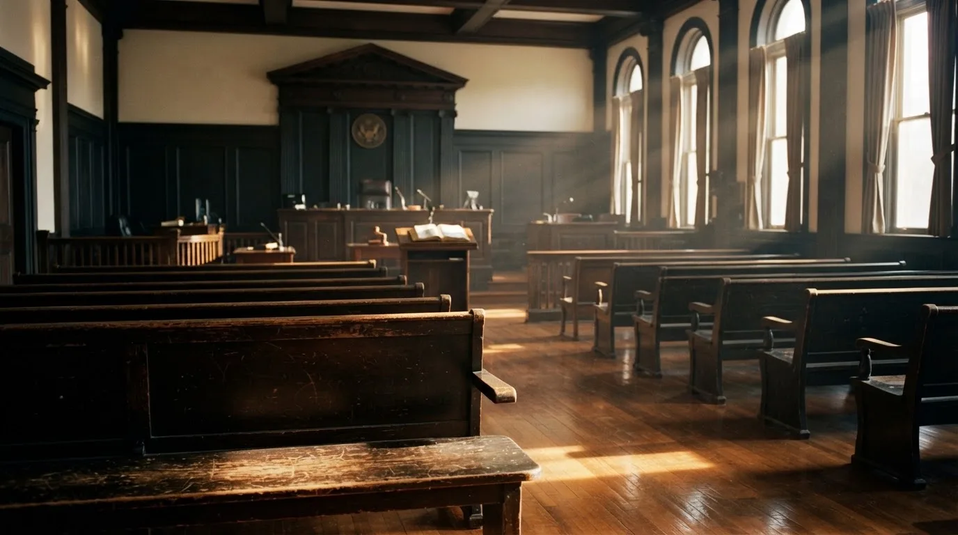 Een lege rechtszaal met houten banken in het ochtendlicht