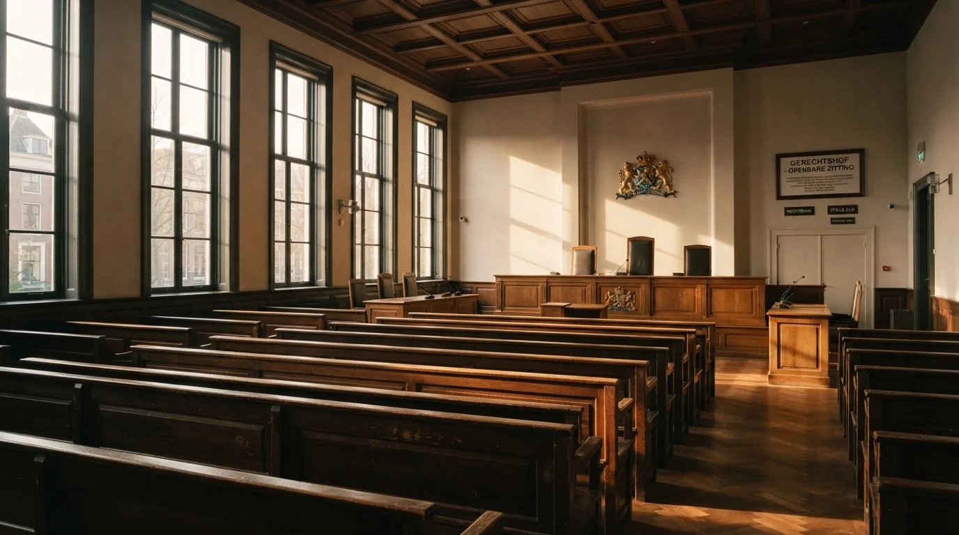 Een lege rechtszaal met houten banken in het ochtendlicht