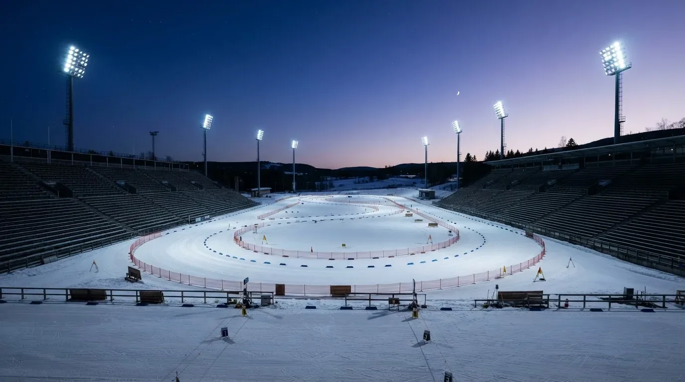Een leeg voetbalstadion met lichtmasten bij schemering