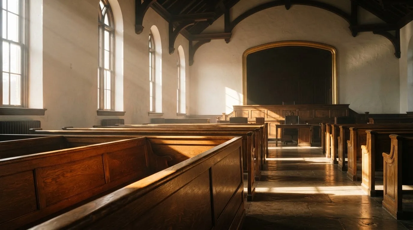 Een lege rechtszaal met houten banken in het ochtendlicht