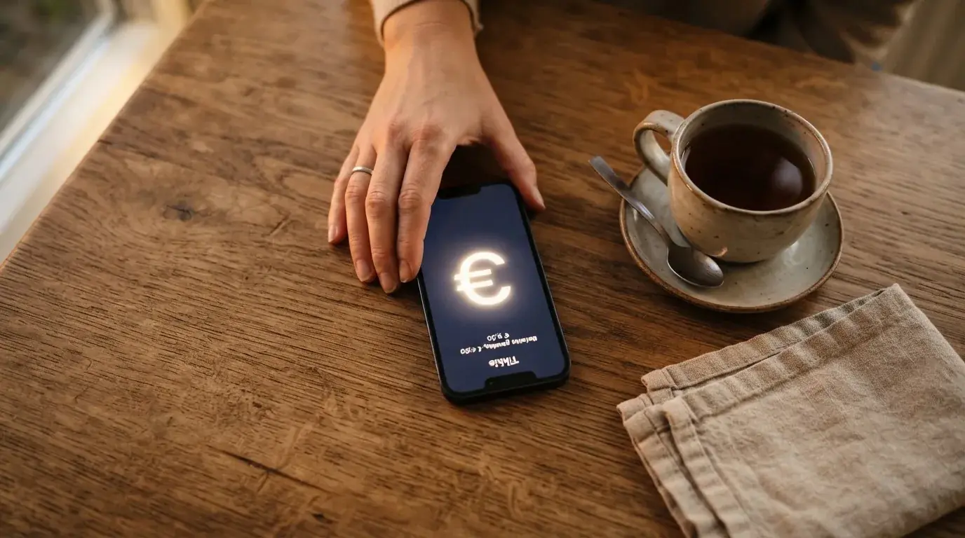 Een hand legt een smartphone naast een kopje thee op een keukentafel, een rustige avond