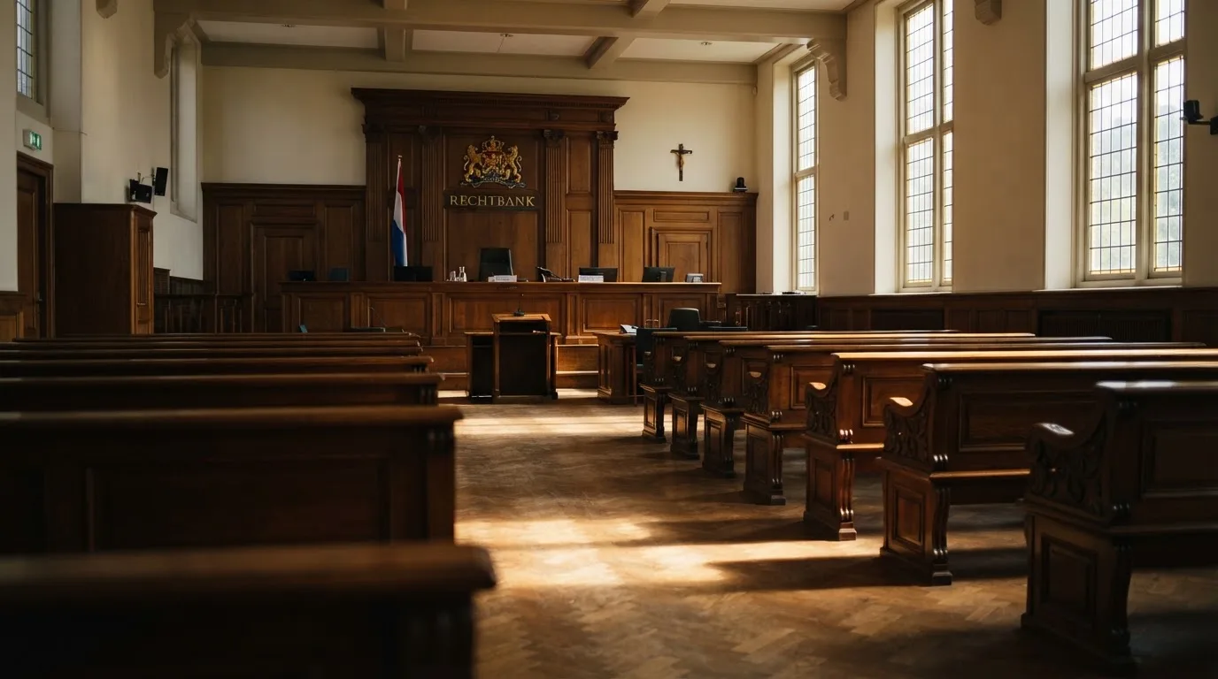 Een lege rechtszaal met houten banken in het ochtendlicht