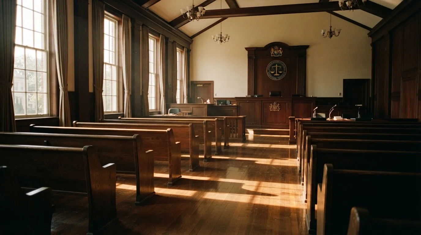 Een lege rechtszaal met houten banken in het ochtendlicht