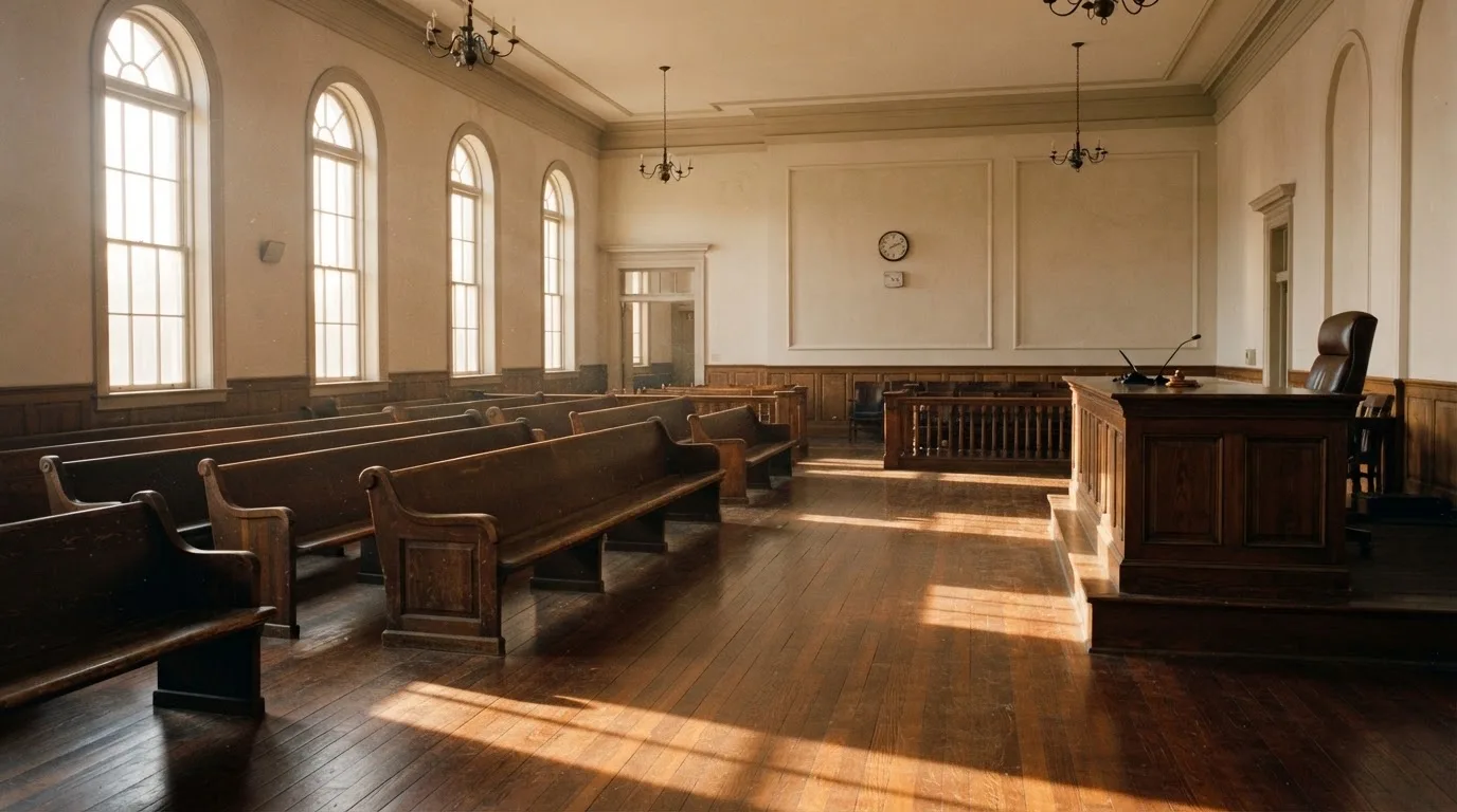 Een lege rechtszaal met houten banken in het ochtendlicht
