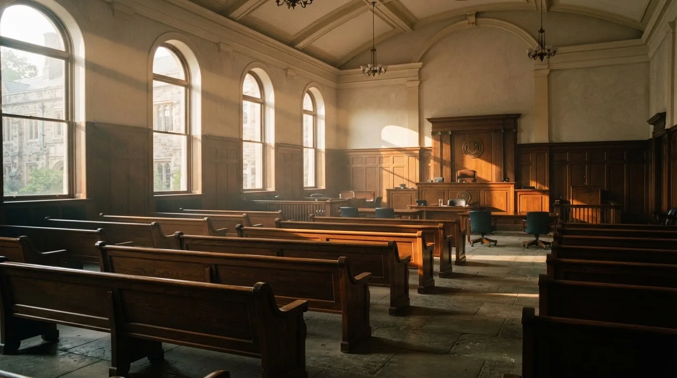 Een lege rechtszaal met houten banken in het ochtendlicht