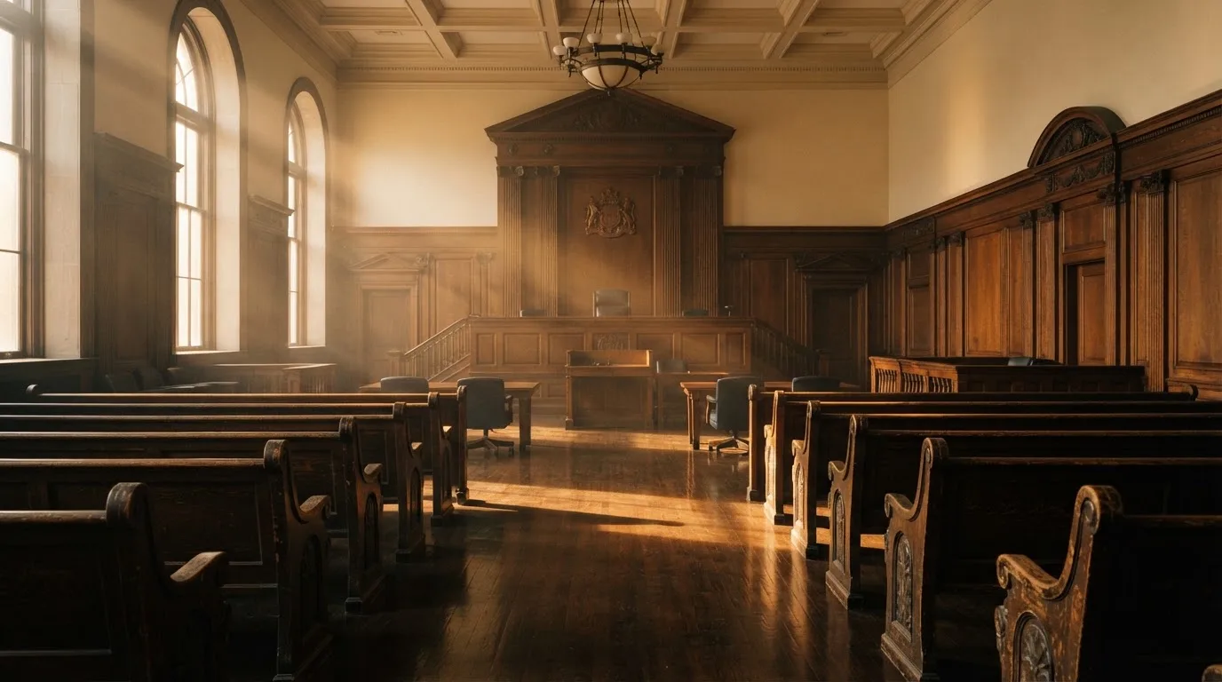 Een lege rechtszaal met houten banken in het ochtendlicht