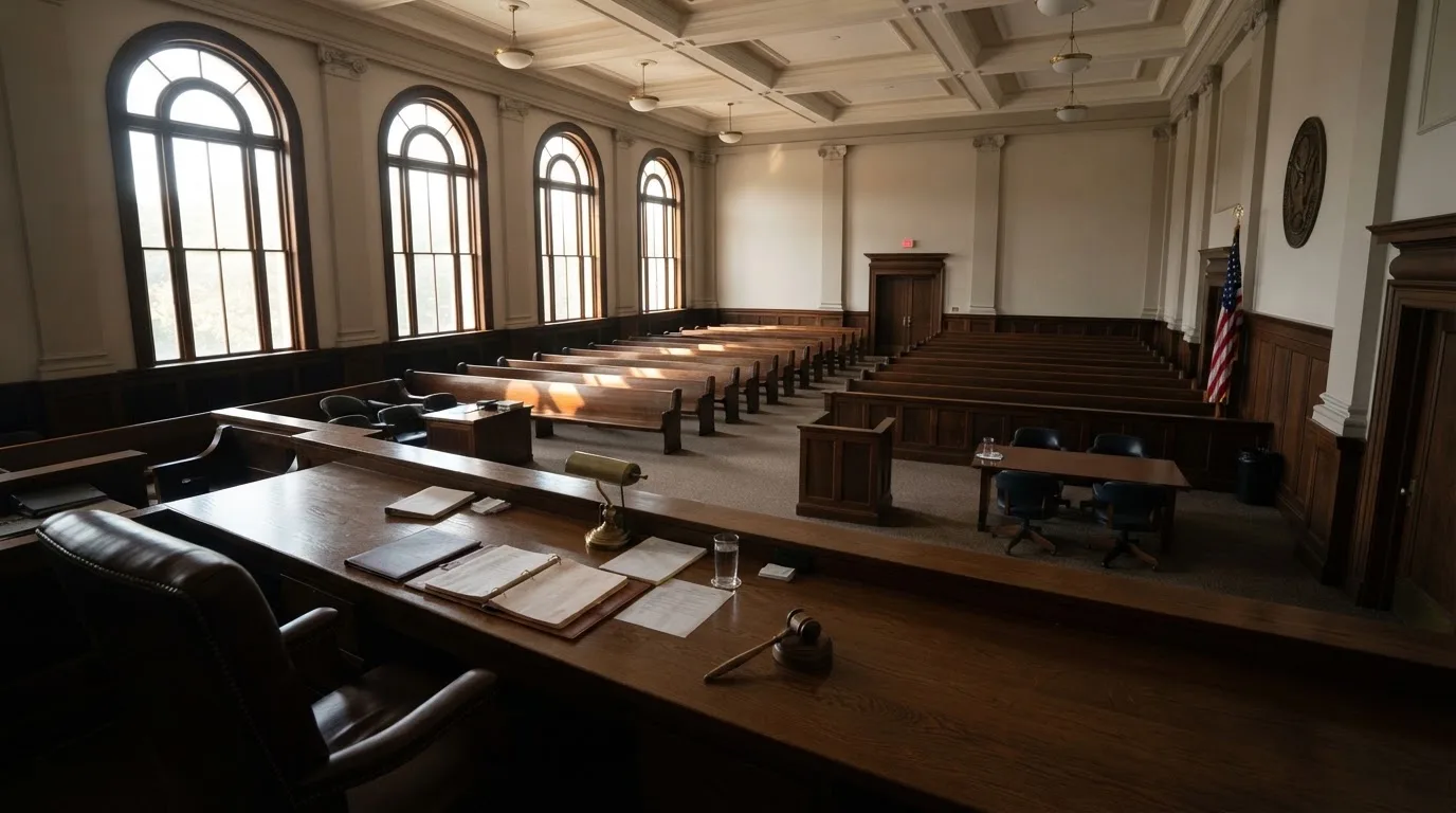 Een lege rechtszaal met houten banken in het ochtendlicht