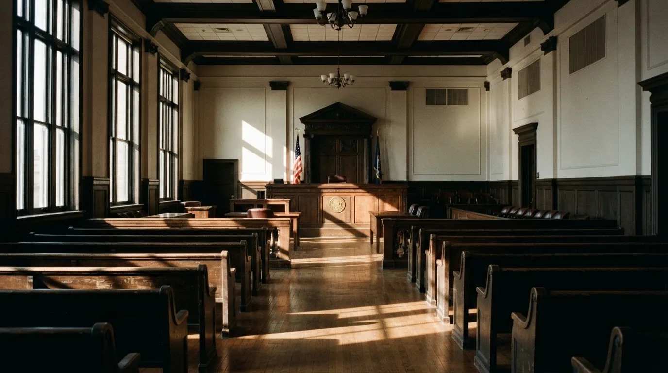 Een lege rechtszaal met houten banken in het ochtendlicht