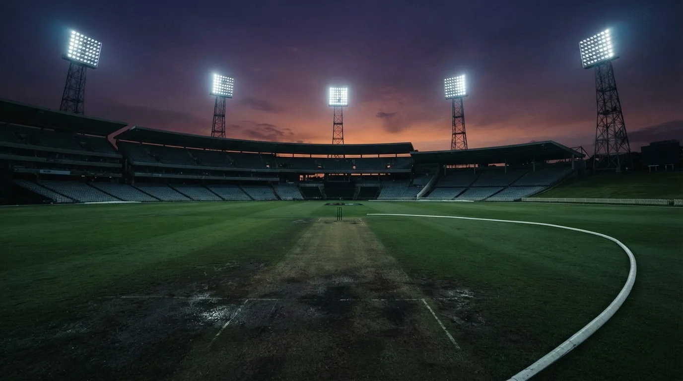 Een leeg voetbalstadion met lichtmasten bij schemering
