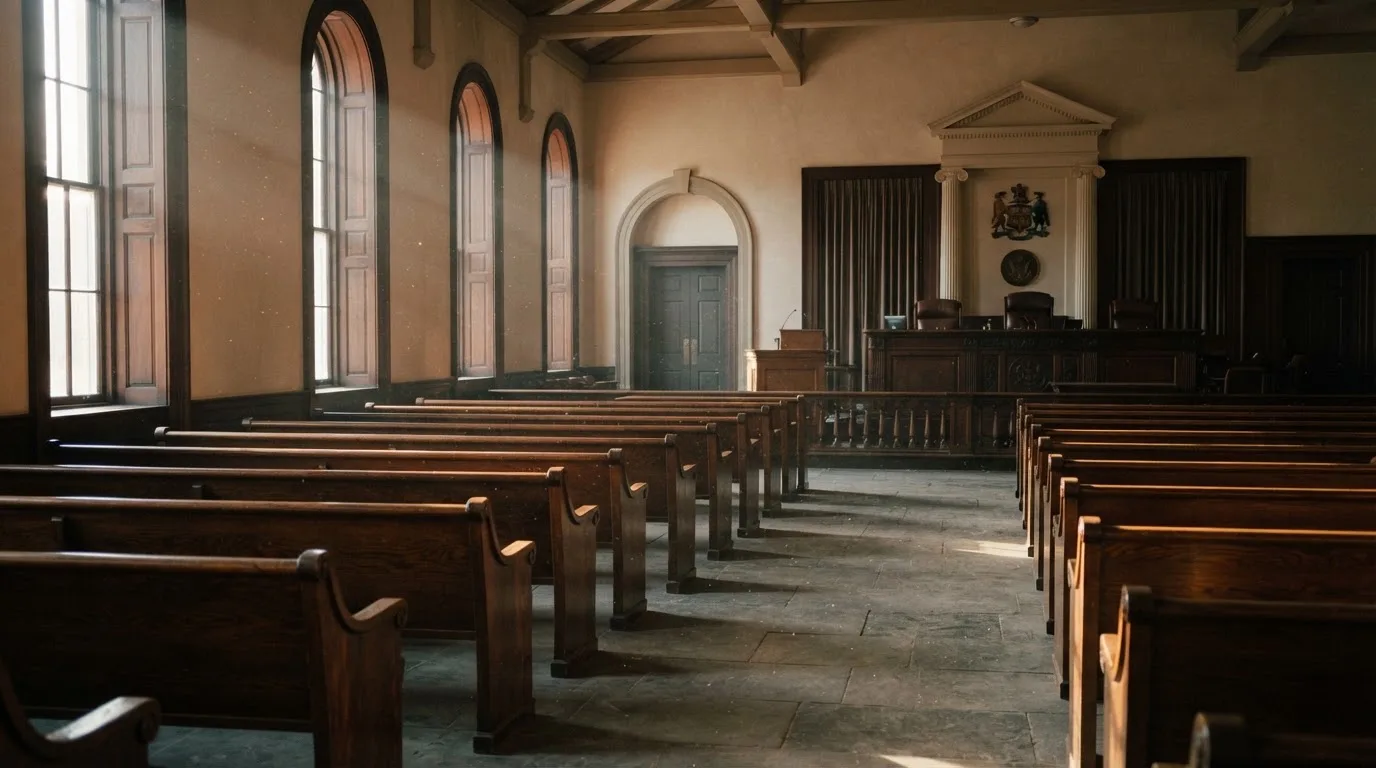 Een lege rechtszaal met houten banken in het ochtendlicht