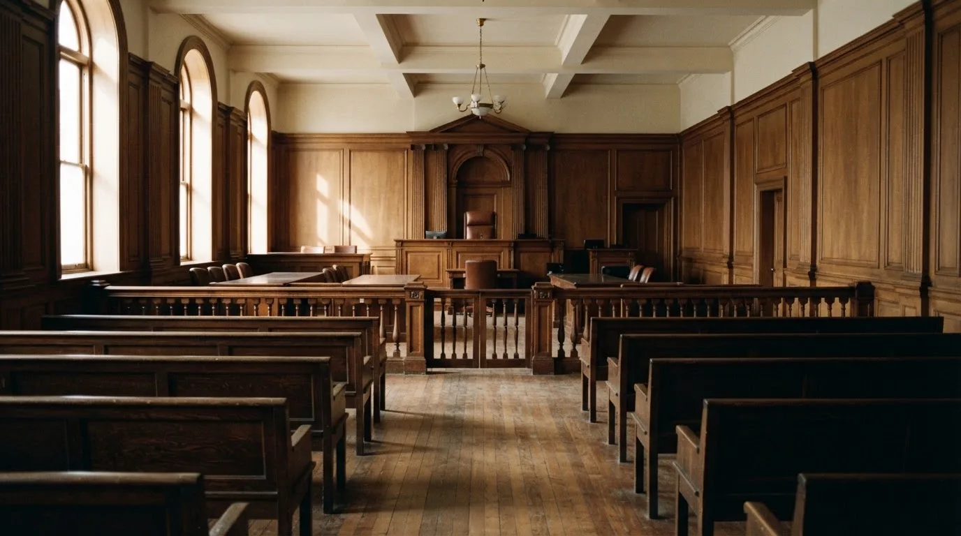 Een lege rechtszaal met houten banken in het ochtendlicht