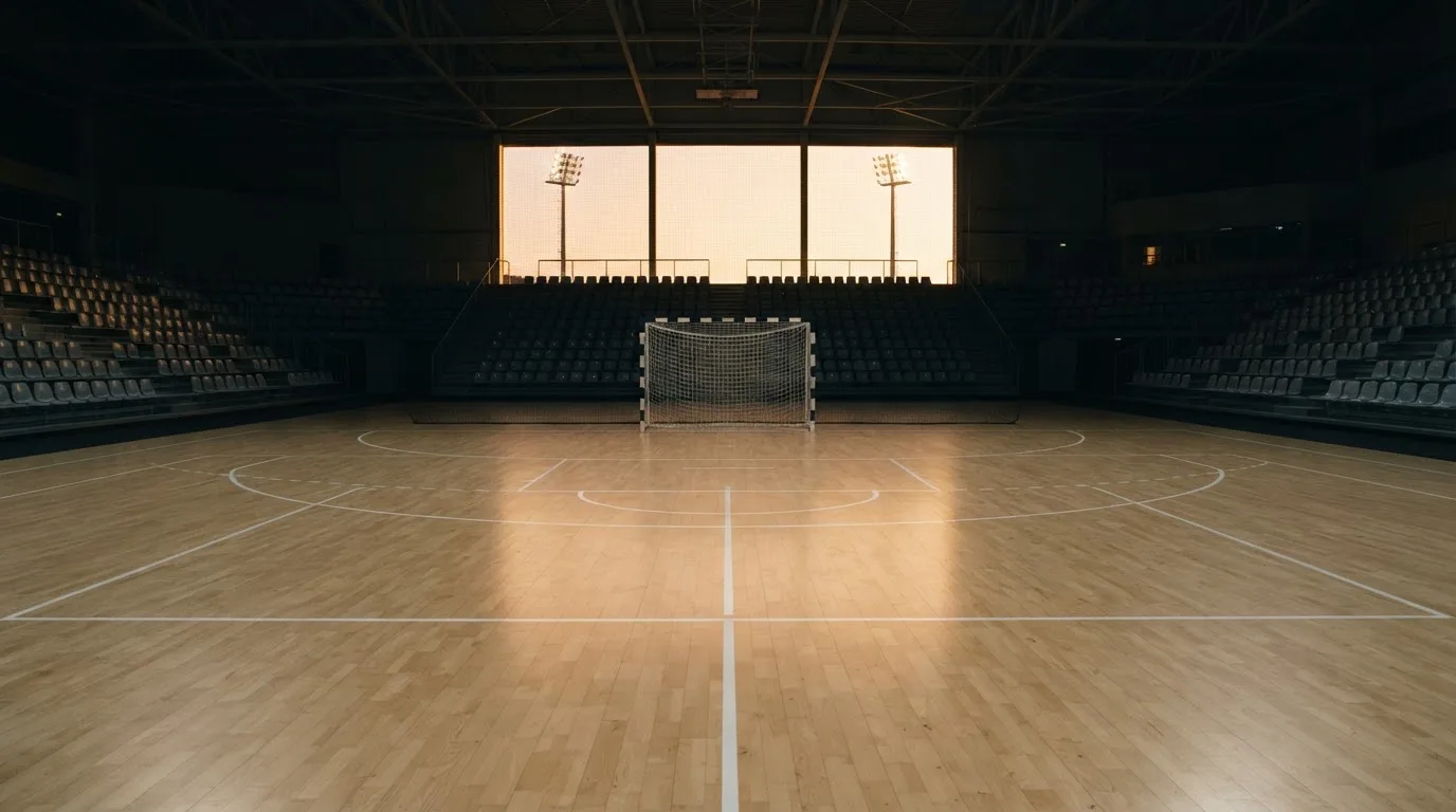 Een leeg voetbalstadion met lichtmasten bij schemering